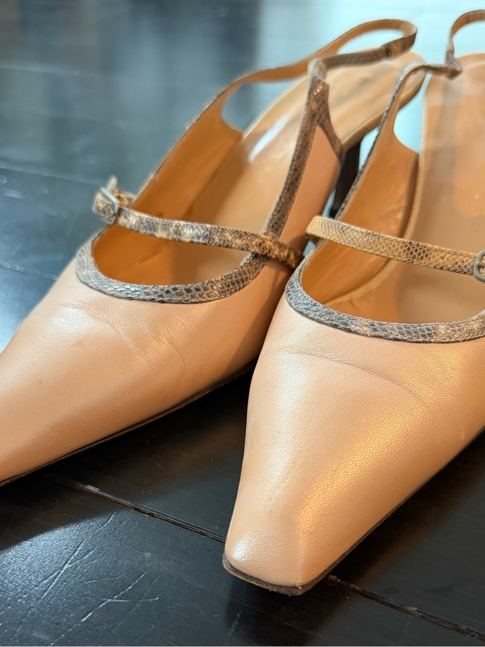 Richard Tyler Beige Pointed Slingback Pumps with Snakeskin Trim